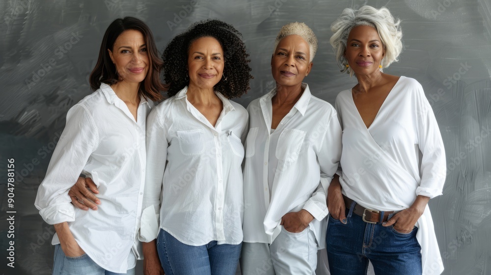 portrait shot of four multi-ethnic confident middle age women in white shirts and jeans portrait shot of four multi-ethnic confident middle age women in white shirts and jeans