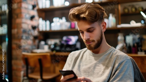 Young man using smartphone in a barber shop