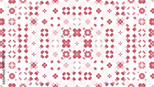 Red floral geometric pattern on a white background. The design is symmetrical, featuring a variety of flower shapes and geometric elements, perfect for wallpapers, textiles. 4K Seamless loop