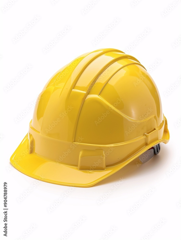 Fototapeta premium A golden protective helmet on a blank background. Protective gear.
