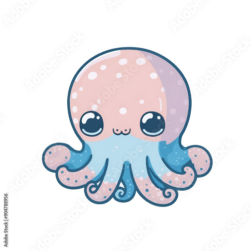 Cute octopus kawaii cartoon character on white background, vector illustration