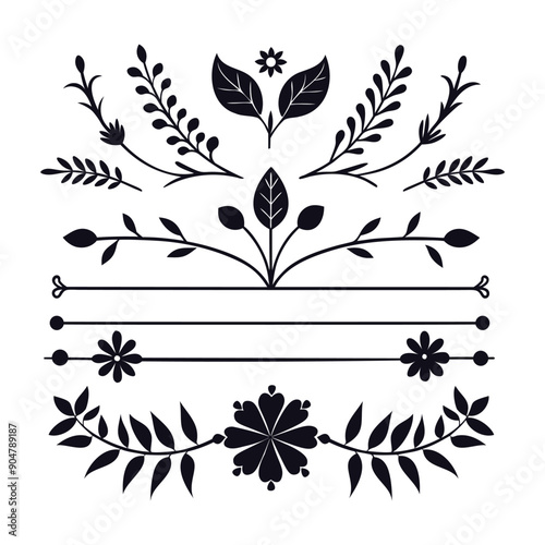 Leaf Flourishes Silhouette, Floral Dividers, Plant Line, Borders, Flower Vector Art