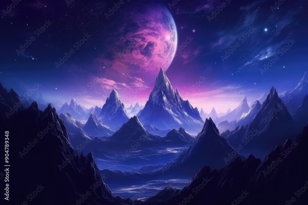 Mountain range underneath a pink planet Mountain range underneath a pink planet