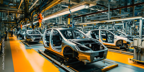 Automobile assembly line with cars being produced