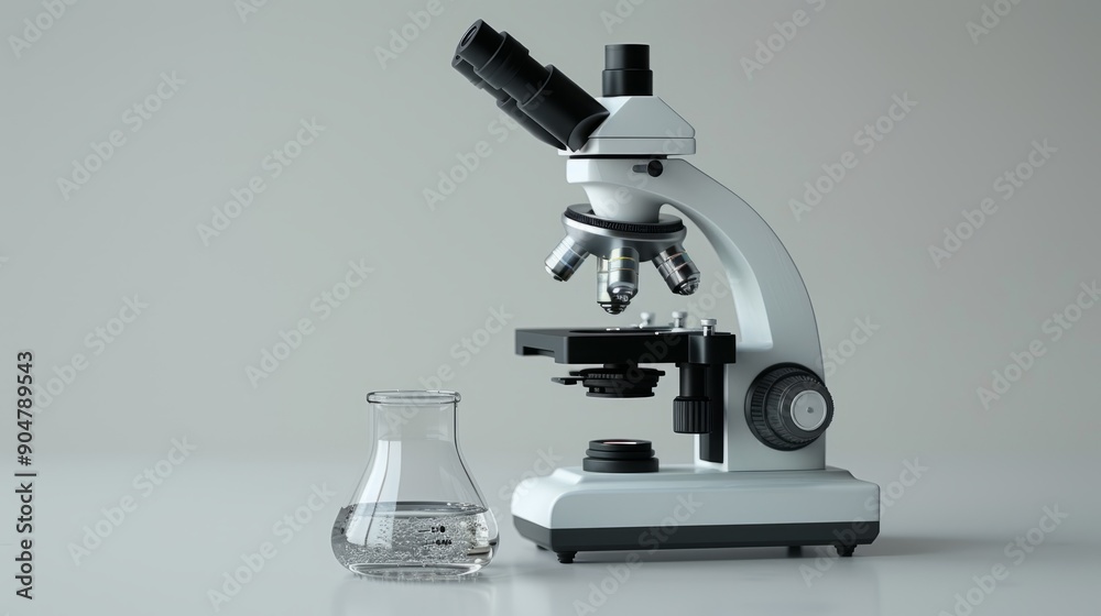 classic microscope, beaker, and petri dish filled with a clear solution, against a clean light grey background