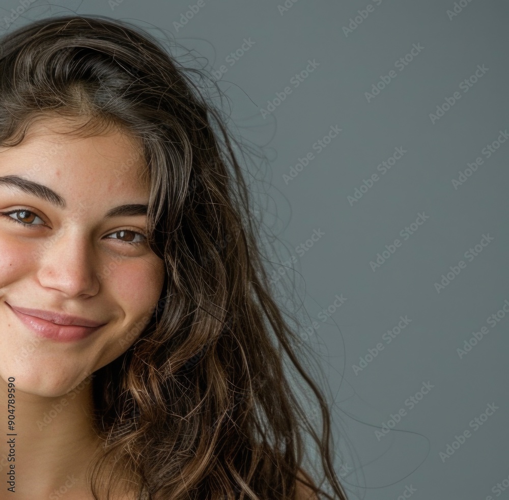 Smiling Young Woman with Long Wavy Hair Against Gray Background