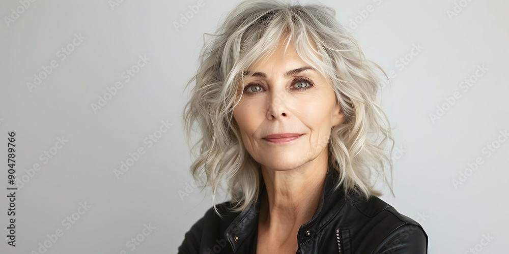 Beautiful gorgeous mid aged woman looking at camera isolated on gray white. Mature old lady close up portrait. Beautiful gorgeous mid aged woman looking at camera isolated on gray white. Mature old lady close up portrait.