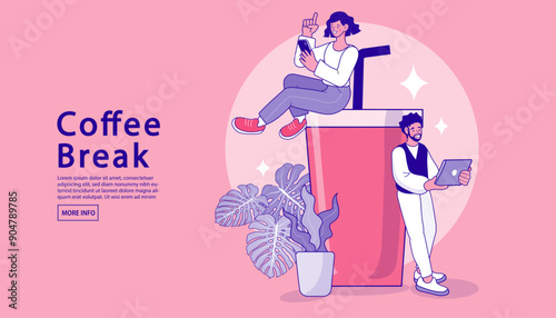 Woman sit on a large cup and working. drink and talk. Coffee break concept. 