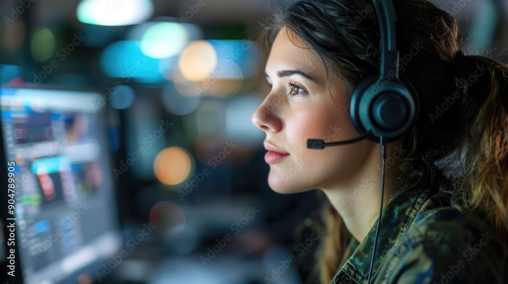 Woman in military uniform working at computer Woman in military uniform working at computer