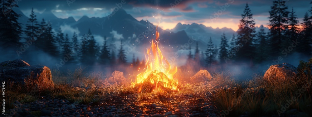 A vibrant sunset over a forest engulfed in flames, with dramatic clouds and mountains in the background, creating a striking contrast of red and orange hues against the evening sky A vibrant sunset over a forest engulfed in flames, with dramatic clouds and mountains in the background, creating a striking contrast of red and orange hues against the evening sky