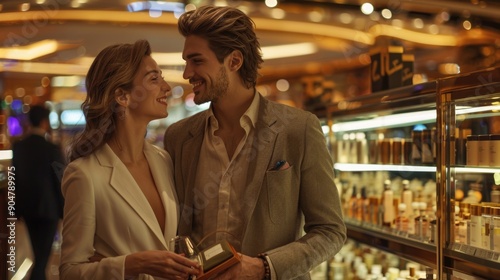 Wallpaper Mural Smiling Couple Shopping Luxury Fragrances in HighEnd Store Amidst Warm Lighting Torontodigital.ca