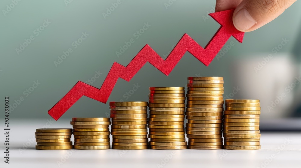red upward arrow held by a hand, with stacks of gold coins arranged in increasing height red upward arrow held by a hand, with stacks of gold coins arranged in increasing height