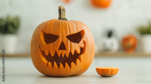 Intricately carved pumpkin with spooky face, Pumpkin carving decoration, Halloween festivity photo