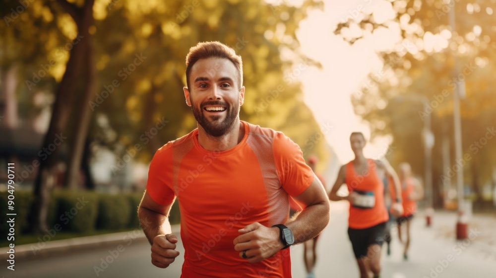 Man smiling while running in a marathon Man smiling while running in a marathon