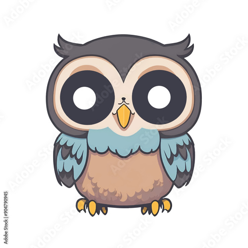 Cute kawaii owl cartoon character on white background, vector illustration
