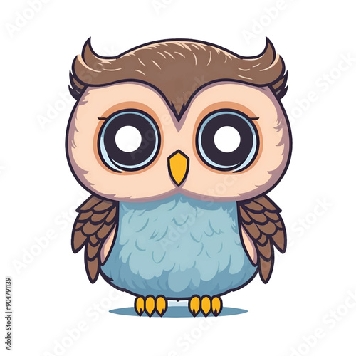 Cute kawaii owl cartoon character on white background, vector illustration