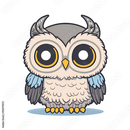 Cute kawaii owl cartoon character on white background, vector illustration
