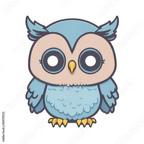 Cute kawaii owl cartoon character on white background, vector illustration