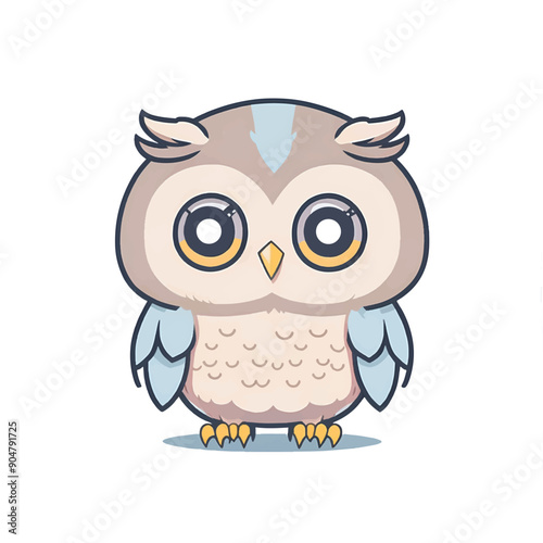 Cute kawaii owl cartoon character on white background, vector illustration