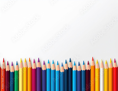 Row of Colorful Pencils with Copy Space Against White Background