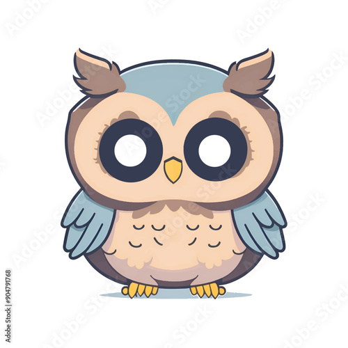 Cute kawaii owl cartoon character on white background, vector illustration
