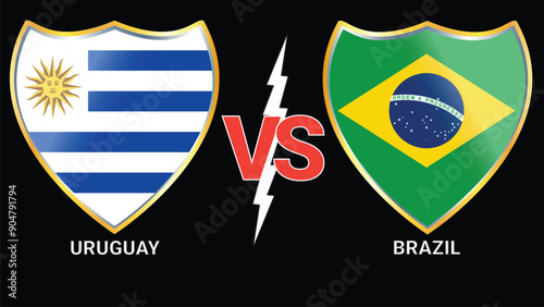 Uruguay vs Brazil soccer match: black background with versus flags in golden silver frame