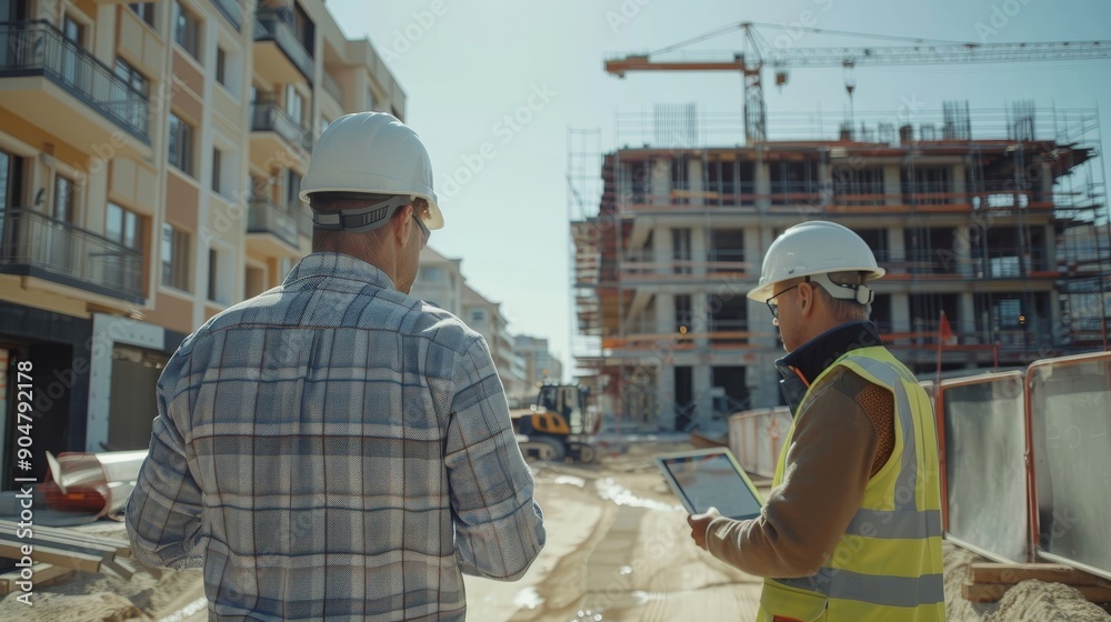 Zoom Out Back View Of Caucasian Real Estate Investor With Tablet Computer And Project Manager Talking On Construction Site. Colleagues Wearing Hard Hats And Watching Heavy Machinery, Generative AI