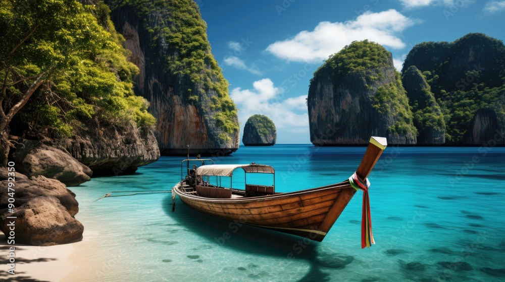 Fototapeta premium Traditional longtail boat moored on a tropical beach