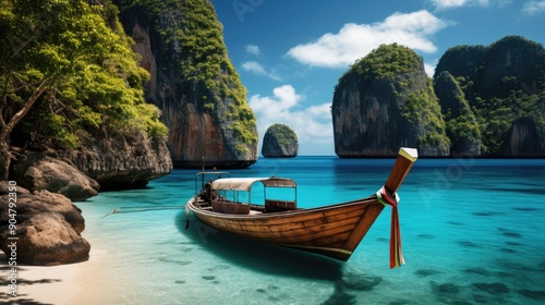 Traditional longtail boat moored on a tropical beach