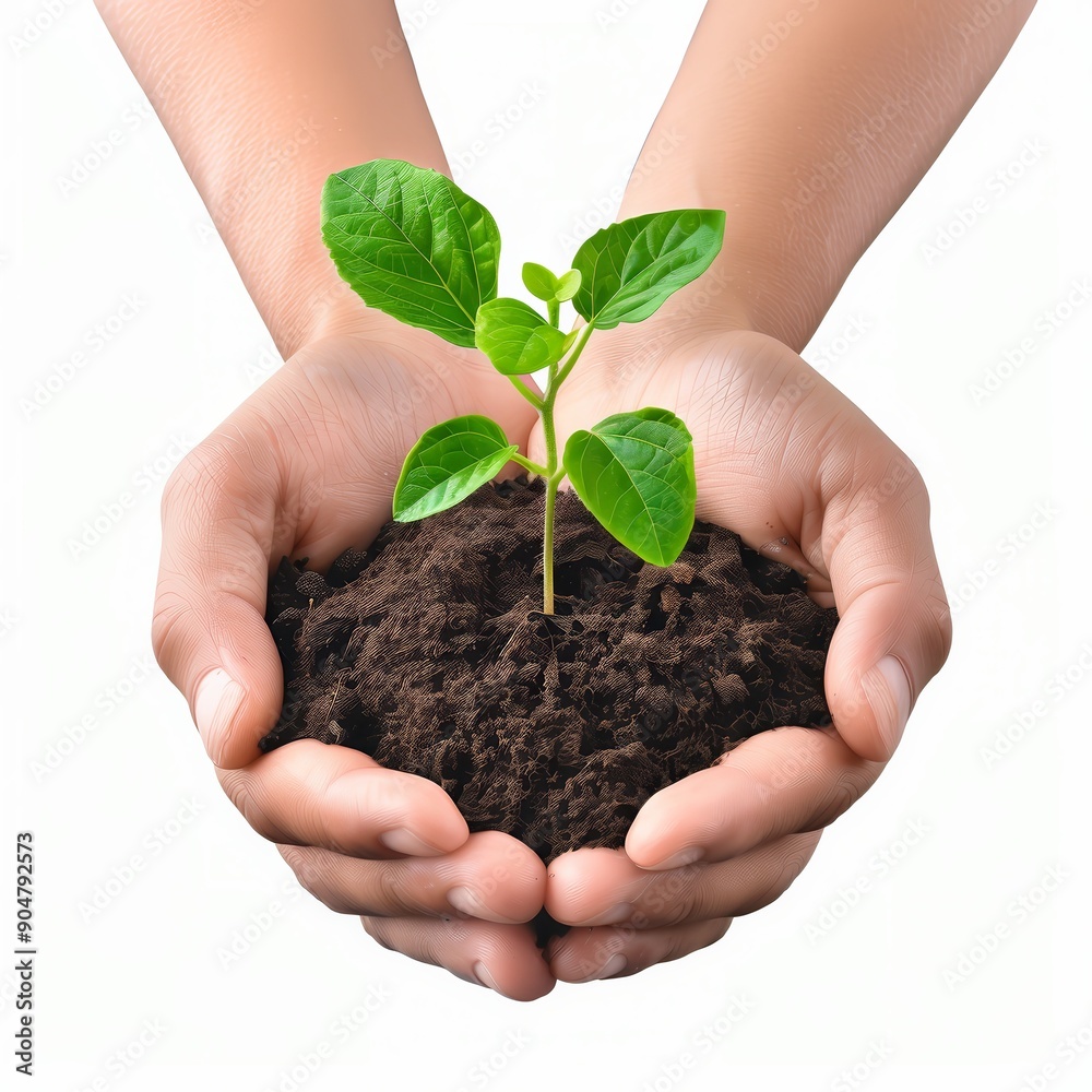 Hands holding a young plant growing in soil, symbolizing growth, care, and environmental conservation. Hands holding a young plant growing in soil, symbolizing growth, care, and environmental conservation.