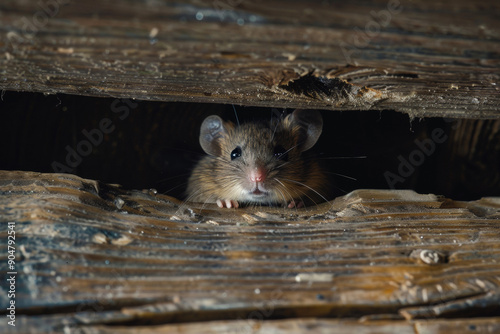 A small mouse peeking through a hole in a wooden structure, highlighting the common issue of rodent infestation in homes. This image underscores the importance of pest prevention and control in mainta photo