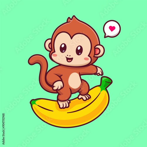 Cute Monkey Surfing With Banana Cartoon Vector Icon Illustration. Animal Nature Icon Concept Isolated Premium Vector. Flat Cartoon Style