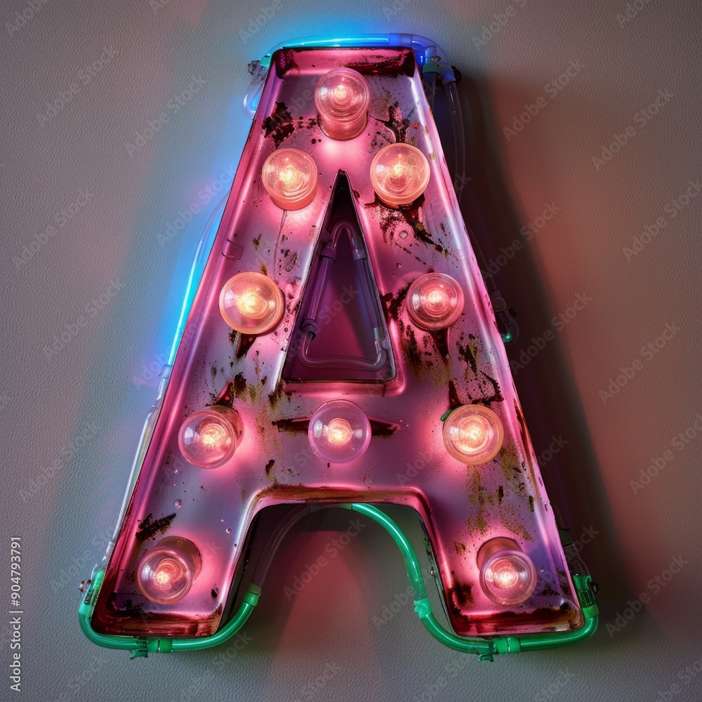 Letter A neon sign on dark background