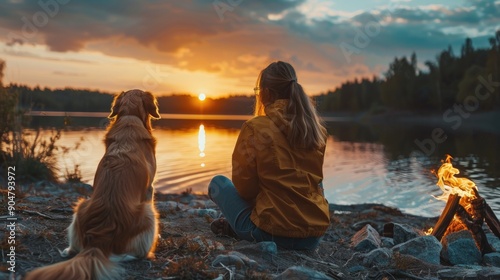 Fototapeta Naklejka Na Ścianę i Meble -  Woman and dog watching sunset by a lake