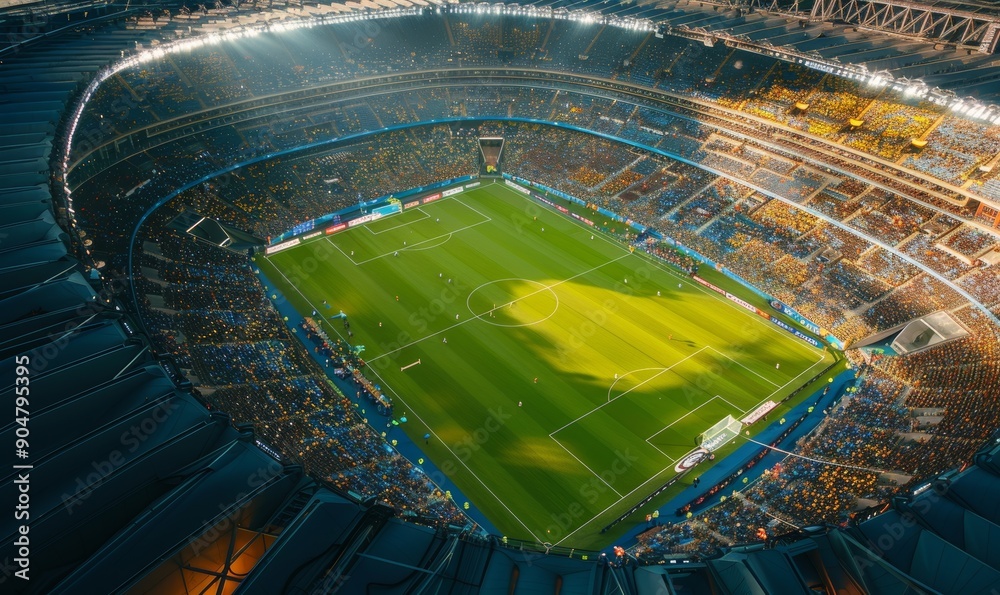 Aerial Establishing Shot of a Whole Stadium with Soccer Championship Match. Teams Play, Crowds of Fans Cheer. Football Tournament, Cup Broadcast. Sport Channel Television Playback, Generative AI