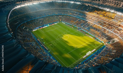 Obraz na płótnie Aerial Establishing Shot of a Whole Stadium with Soccer Championship Match. Teams Play, Crowds of Fans Cheer. Football Tournament, Cup Broadcast. Sport Channel Television Playback, Generative AI w salonie