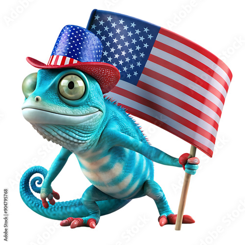 blue chameleon in an american hat holding on transparent background