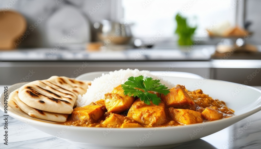 Pollo al curry con arroz y pan naan, decorado con cilantro en un plato en la cocina moderna. Pollo al curry con arroz y pan naan, decorado con cilantro en un plato en la cocina moderna.