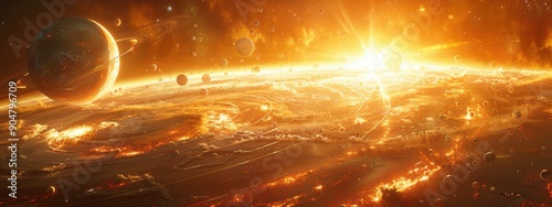 Planetary System: A vibrant illustration of a solar system with a central star, planets with diverse characteristics (gas giants, rocky worlds), and moons orbiting them.
