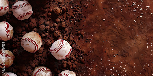 Sporting Action: Baseballs Scattered on a Dirt Infield Background in a Creative Sports Setting photo