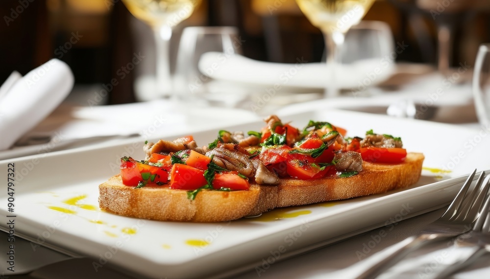Bruschetta con tomates y champiñones en un plato en un restaurante con una copa de vino blanco. Bruschetta con tomates y champiñones en un plato en un restaurante con una copa de vino blanco.