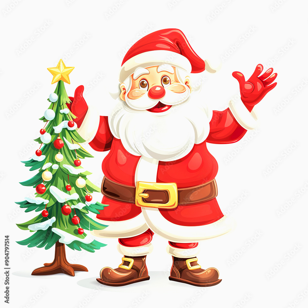 Fototapeta premium Cheerful Santa Claus Waving Near Decorated Christmas Tree