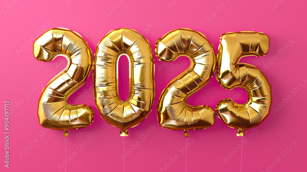 New Year xmas celebration concept. Golden numbers 2025 two thousand twenty five new year balloons in sunlight pink bright background New Year xmas celebration concept. Golden numbers 2025 two thousand twenty five new year balloons in sunlight pink bright background