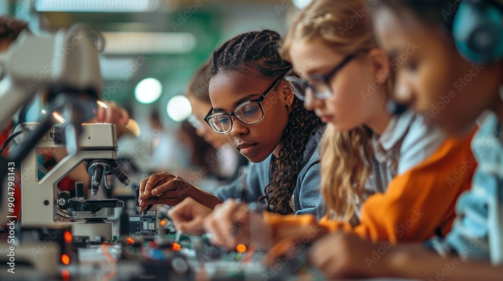 High School Science Classroom. Multiethnic Group of Students Experimenting with Computer Components, Soldering Circuit Boards, Using Microscopes. Class Conducting a Science Experiment, Generative AI High School Science Classroom. Multiethnic Group of Students Experimenting with Computer Components, Soldering Circuit Boards, Using Microscopes. Class Conducting a Science Experiment, Generative AI