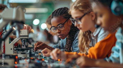 High School Science Classroom. Multiethnic Group of Students Experimenting with Computer Components, Soldering Circuit Boards, Using Microscopes. Class Conducting a Science Experiment, Generative AI 