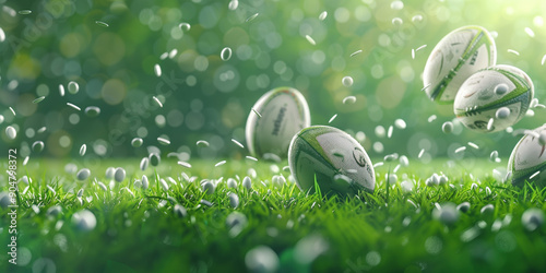 Dynamic Sports Scene: Rugby Balls Falling onto a Lush Green Stadium Grass Field photo