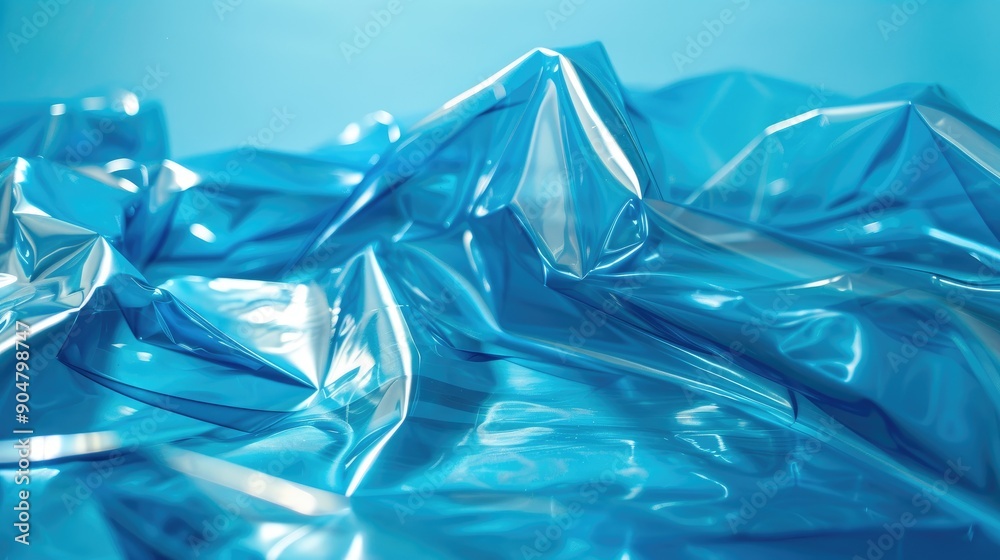 Plastic stretch film on blue backdrop with environmental theme Plastic stretch film on blue backdrop with environmental theme
