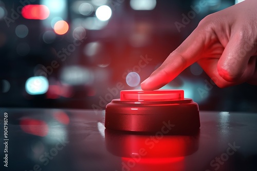 Finger poised to press red buzzer button, capturing urgency and decision