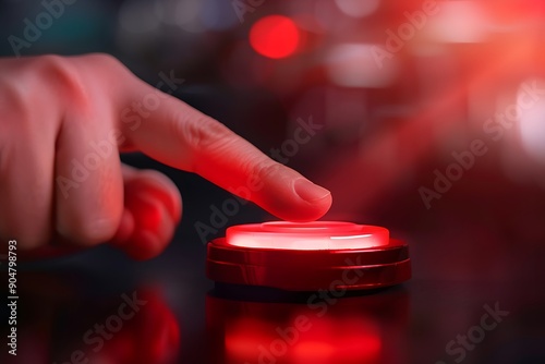 Finger poised to press red buzzer button, capturing urgency and decision