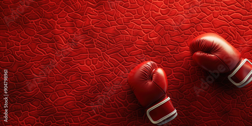 Dynamic Sports Concept: Boxing Gloves Dropping onto a Red Mat Background in Action photo